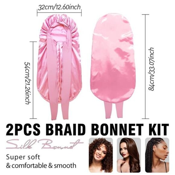 2-Pack Silk Sleep Bonnets Extra Long & Large Size Braids, Long Hair, and Natural - Picture 5 of 6